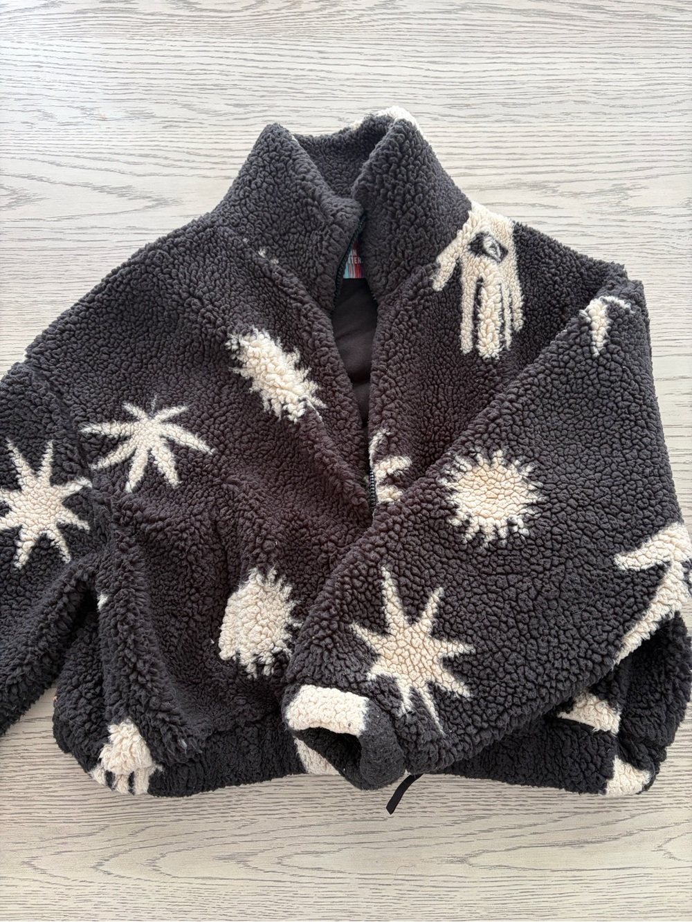 Urban Outfitters Black Sherpa Bomber Jacket with Cream Star & Hand Motifs